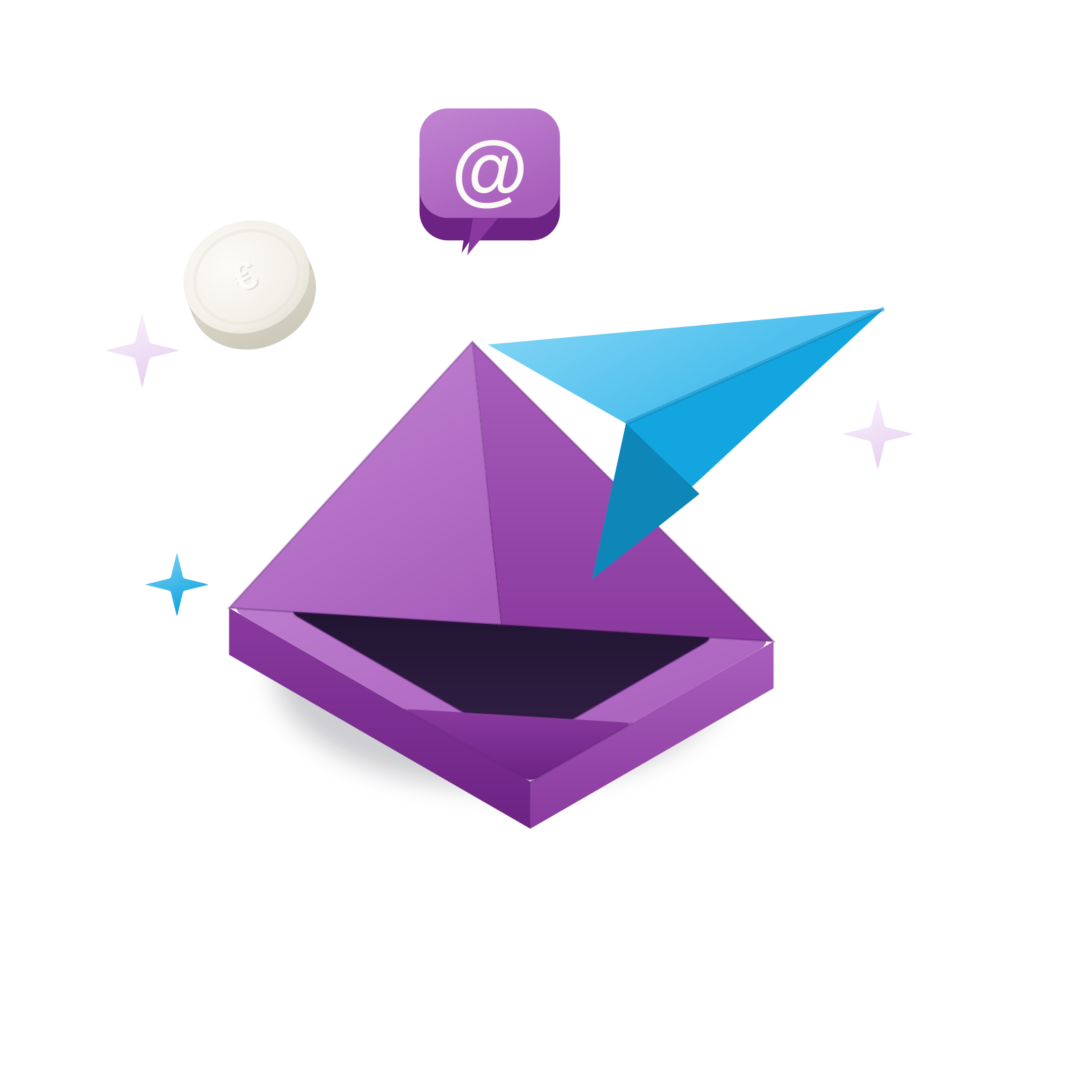 Illustration 3D isométrique : une enveloppe ouverte avec un badge « @ » et une pièce « € »