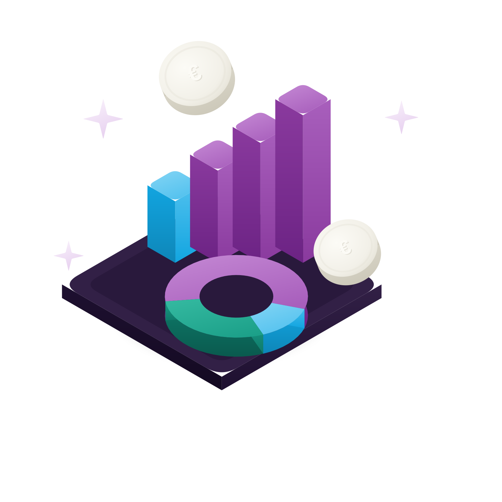 Isometric 3D illustration: a rising bar chart and a ring chart with “€” coins on a deep violet night slab